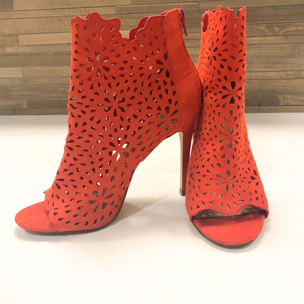 Hot Coral Laser Cut Peep Toe Heel